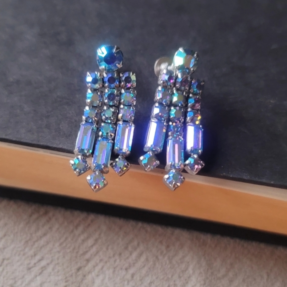 Vintage Signed‎ Sherman Clip-On Earrings Aurora Borealis Swarovski Crystals